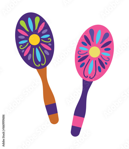 Colorful Maracas Vector Illustration with Floral Design. This vector art captures the playful essence of traditional hand percussion instruments with bold patterns.