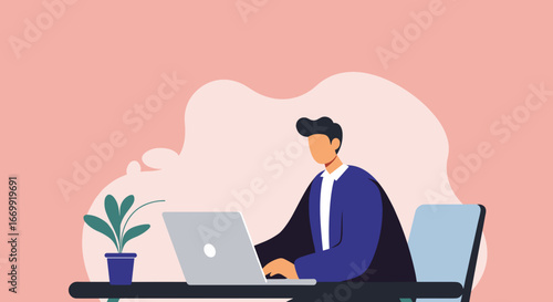 Stylized illustration of a professional working diligently on a laptop at a desk, ideal for business, technology, or remote work concepts.