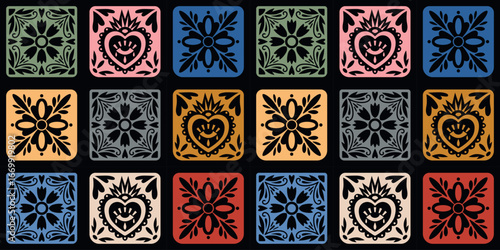Colorful Mexican Tile Pattern Vector Illustration. Vibrant vector illustration of traditional Mexican tiles in various colors and intricate designs. 