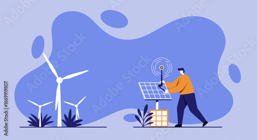 Man managing renewable energy systems with wind turbines and a solar panel, illustrating sustainable power generation and environmental technology solutions.
