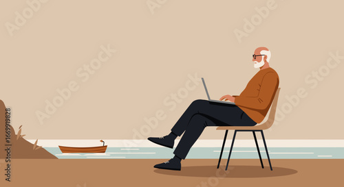 Senior man working remotely on a laptop by the calm water with a small boat, embodying modern retirement, flexible work, and peaceful leisure.