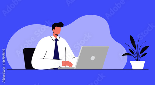 Professional businessman focused on work at his laptop in a modern office setting, representing productivity and remote work. Ideal for business, technology, and corporate themes.
