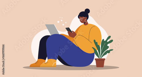 Person sitting comfortably using laptop and smartphone. Represents remote work, online learning, digital communication, and modern lifestyle.