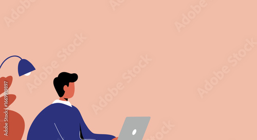 Young man working or studying remotely on a laptop at his home office desk. Ideal for concepts of productivity, digital work, and online learning.