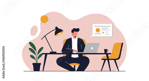 Man working on a laptop at a modern home office desk, focusing on online tasks or communication. Ideal for remote work, business, or freelance concepts.