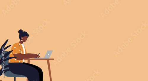 Focused woman working remotely on laptop from home office. Represents remote work, online learning, productivity, and modern lifestyle concepts.
