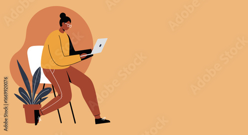 Young woman working remotely on laptop at home, focused on her tasks. Ideal for themes of productivity, online learning, or freelance work.