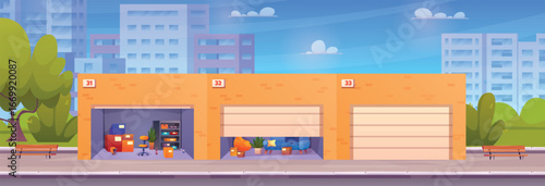 Self storage unit. Street warehouse with moving things, lot junk storage container garage space numbered units storehouse room cartoon exterior city background vector illustration