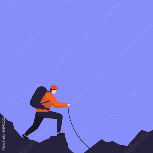 Determined hiker with backpack and rope ascends a rocky mountain peak against a clear sky, embodying challenge, adventure, and perseverance. Ideal for travel, sport, or business concepts.