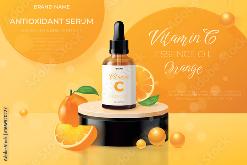 Cosmetic orange serum. Beauty serum product ad banner background, dropper pipette vitamin c citrus fruit liquid drop skincare oil nature organic essence, exact vector illustration