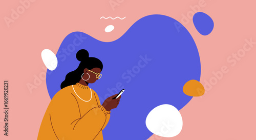 A modern flat illustration of a young Black woman using her smartphone, showcasing digital connectivity, communication, and social media. Ideal for technology, lifestyle, or business concepts.