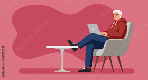 Relaxed senior man uses laptop in a comfortable setting. Illustrates remote work, digital literacy, modern lifestyle, and easy technology integration for business or leisure.