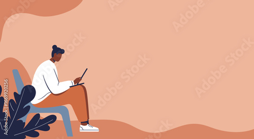 Minimalist illustration of a person working or studying on a laptop in a relaxed setting. Concept of remote work, online learning, or digital lifestyle, with copy space.
