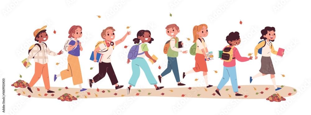 Fototapeta premium Students go school. Row student back to class in autumn, schooler kids with book and backpack children walk boy girl bag study education learning lessons classy vector illustration
