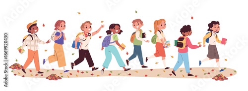 Students go school. Row student back to class in autumn, schooler kids with book and backpack children walk boy girl bag study education learning lessons classy vector illustration