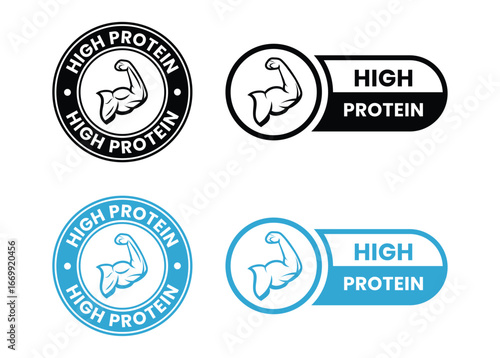 high protein food label emblem flat color vector illustration template design. high protein sign, logo, badge, icon, sticker, label, emblem, stamp, symbol, black, line, flat vector.