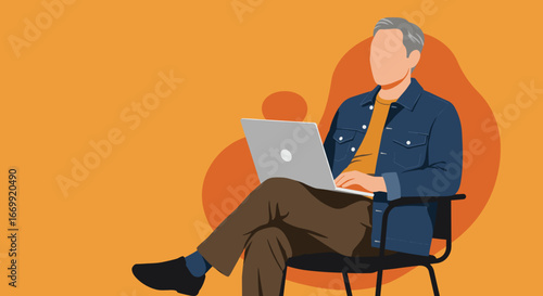 Mature man casually working on a laptop, embodying remote productivity and digital lifestyle. Ideal for business, education, or technology themes.