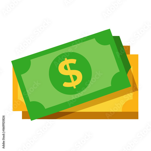 Green and yellow dollar bills stacked with a dollar sign