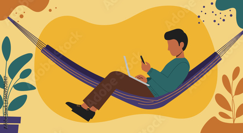 Relaxed person in a hammock, multitasking with a laptop and phone, illustrating remote work, flexible lifestyle, and digital connectivity.