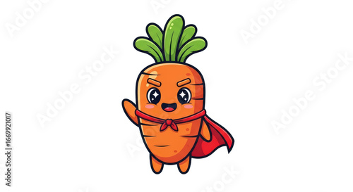 Cartoon carrot superhero stands ready for action. Whimsical character, healthy eating, imaginary adventures.