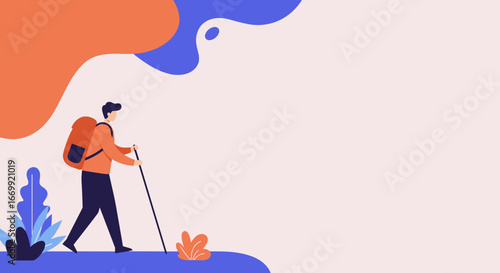 Illustration of a man hiking with a backpack and walking stick, symbolizing adventure, travel, and exploration in nature. Ideal for lifestyle and healthy living concepts.
