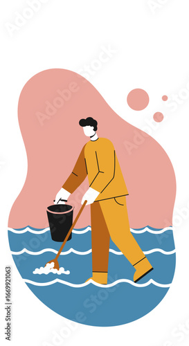 Professional cleaner mopping up a flooded floor with a bucket and mop. Concept of maintenance, hygiene, and emergency cleaning services.