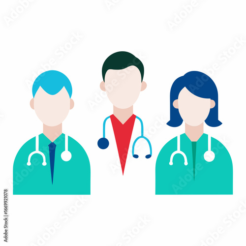 Three doctors with stethoscopes and scrubs flat design