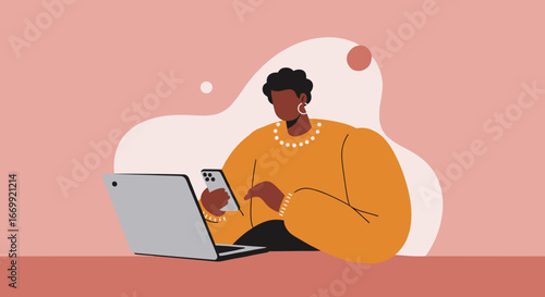 Professional Black woman engaged with laptop and smartphone, symbolizing modern digital work, online communication, and tech-savvy lifestyle.