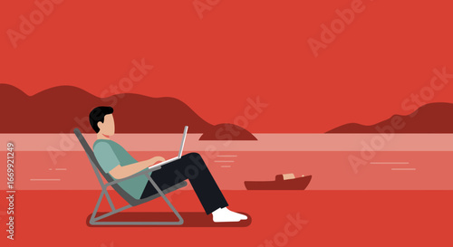 Man working on a laptop from a beach chair by the water with mountains at sunset, symbolizing remote work, digital nomadism, and a flexible lifestyle.