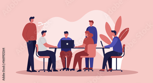 Diverse business team collaborating in a modern office meeting, fostering teamwork, innovation, and productive discussion for project success.