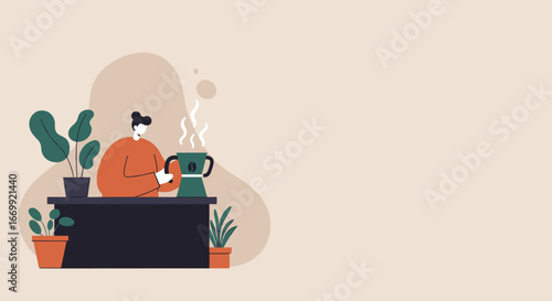 Individual brewing coffee at a cozy home setup with plants. Perfect for remote work, daily routines, relaxation, and comfortable lifestyle concepts.