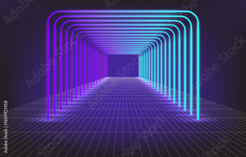 Tunnel light neon color geometric corridor stretching to the horizon. Futuristic portals. Vector illustration.