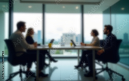 Out of focus businesspeople gathered in a modern conference room, glass walls, urban office backdrop, motion blur Business concept, motion bokeh background. High quality