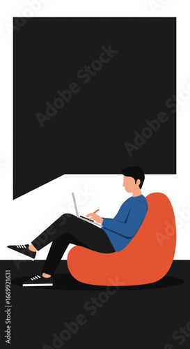 Casual remote worker uses laptop from a comfortable beanbag chair, embodying flexible work, productivity, digital lifestyle, and home office concepts.