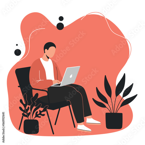 Man working comfortably on a laptop at home, embodying remote work, online learning, and modern digital lifestyle. Perfect for business and tech.