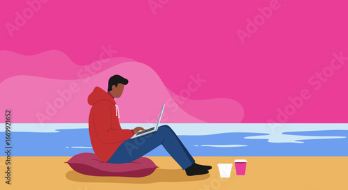 Man working remotely on a laptop at a vibrant beach, enjoying flexible work and travel lifestyle with coffee. Ideal for business, freedom, or relaxation concepts.