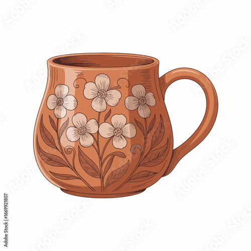 Handcrafted ceramic mug with floral design a beautiful piece of pottery showcasing artisanal skill and artistic expression perfect for home decor or collectible items