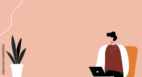 Young person focused on work or study using a laptop in a modern, casual home or office setting. Ideal for themes of productivity, remote work, and digital lifestyle.