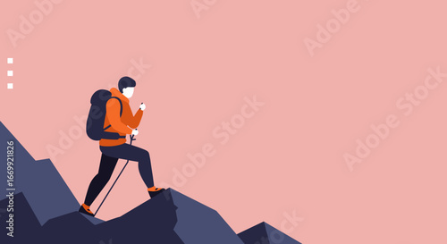 Hiker with backpack and trekking poles ascends a mountain, symbolizing adventure, determination, and overcoming challenges. Ideal for travel, lifestyle, and business concepts.