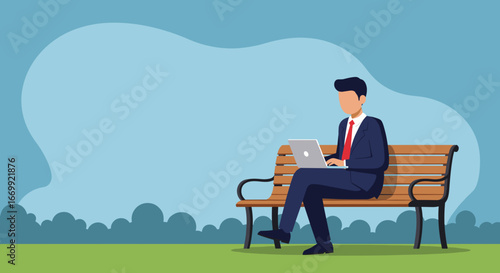 Businessman in a suit working on a laptop on a park bench. Represents remote work, business flexibility, and modern professional lifestyle outdoors.