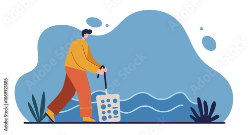 Man using a skimmer tool in blue liquid, suggesting pool cleaning, water maintenance, or environmental care. Flat vector illustration.