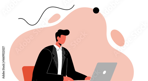 Professional man in a suit working diligently on a laptop. Represents modern business, digital communication, and online productivity.
