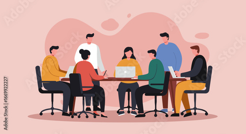 Diverse team collaborating in a modern office meeting, discussing ideas and working on laptops. Represents teamwork, productivity, and business strategy.
