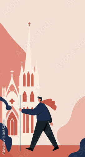 Lone traveler with staff walks past a majestic church, symbolizing pilgrimage, faith, and personal journey. Perfect for travel, spiritual, or lifestyle themes.