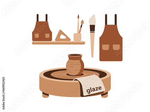 Pottery Studio with Wheel Tools and Aprons Creative Handmade Ceramics Craft Concept and Ceramic Art Design
