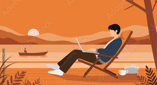 Remote work and relaxation by a calm lake at sunset. A man on a laptop in a deck chair illustrates the freedom of modern digital nomad lifestyle.