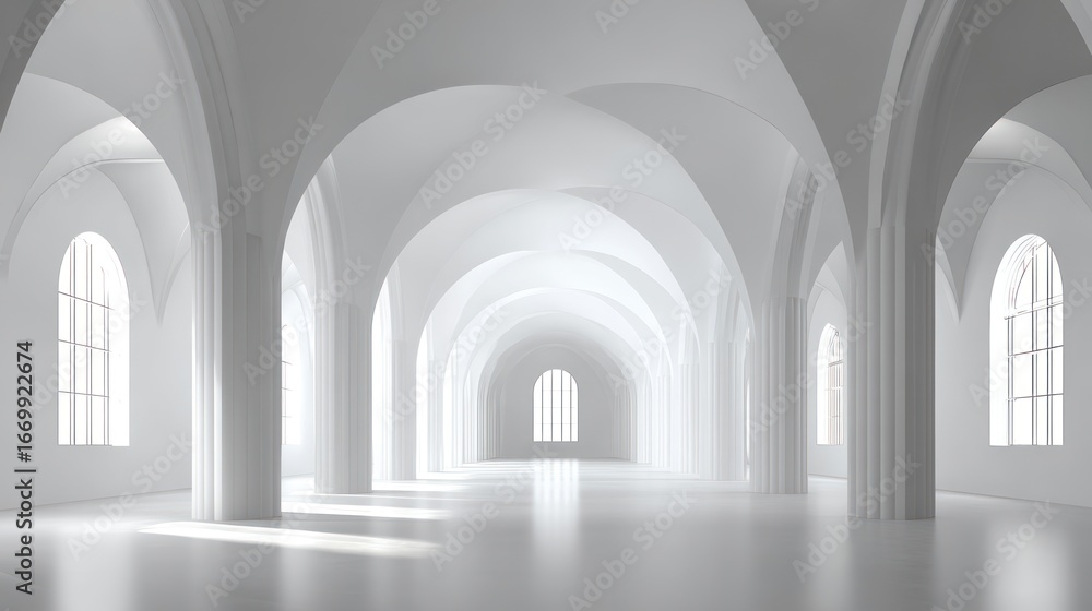 Obraz premium Geometric Elegance: A bright and open room with arches is bathed in soft light, a serene space defined by its simple yet striking architecture and inviting atmosphere.