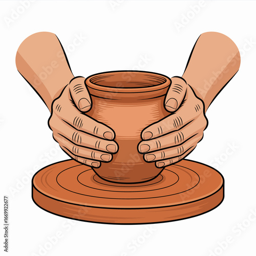 Potters hands shaping clay on a spinning wheel Creating a unique ceramic vessel Artisanal craftsmanship and handmade pottery