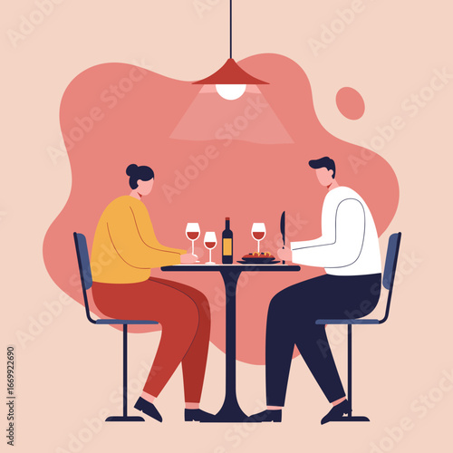 Couple enjoying a romantic dinner date with wine at a restaurant. Perfect for lifestyle, relationship, and dining concepts.