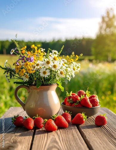 Wallpaper Mural Rustic wooden table displays a bouquet of wildflowers in a pitcher and a bowl of ripe strawberries, outdoors in sunlight Torontodigital.ca